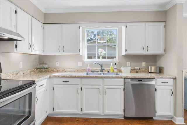 6447 Joe Cotton Trl, Tallahassee, FL 32309 - kitchen with appliances with stainless steel finishes, a sink, white cabinetry, and ornamental molding