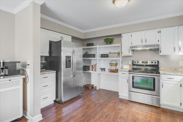 6447 Joe Cotton Trl, Tallahassee, FL 32309 - kitchen featuring stainless steel appliances, under cabinet range hood, ornamental molding, white cabinets, and dark wood finished floors