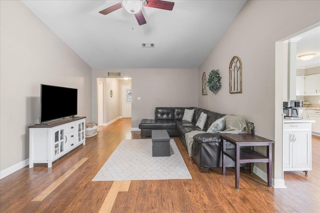6447 Joe Cotton Trl, Tallahassee, FL 32309 - living room featuring ceiling fan, wood finished floors, and baseboards
