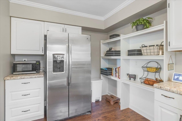 6447 Joe Cotton Trl, Tallahassee, FL 32309 - kitchen featuring stainless steel fridge, crown molding, dark wood-style flooring, open shelves, and white cabinetry