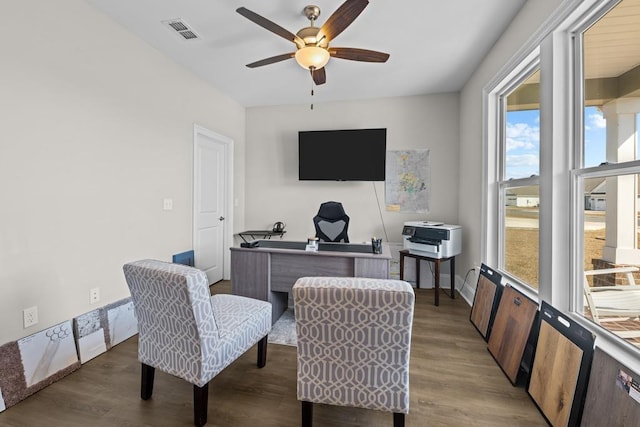 office area with wood-type flooring and ceiling fan