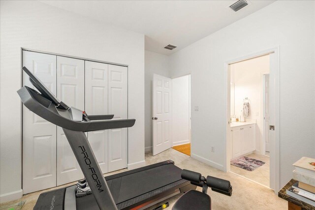 exercise room featuring light colored carpet