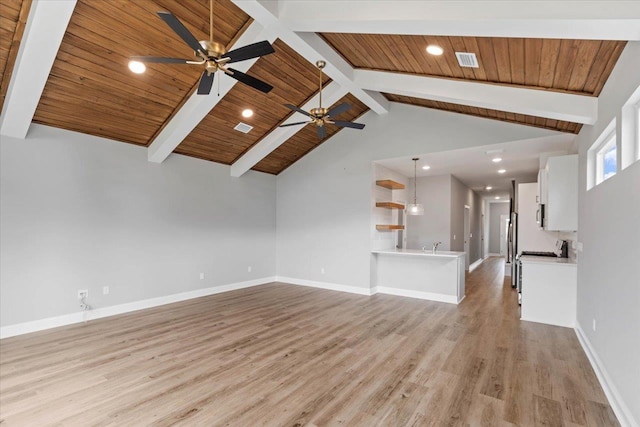 unfurnished living room with visible vents, baseboards, wood ceiling, and light wood-style flooring