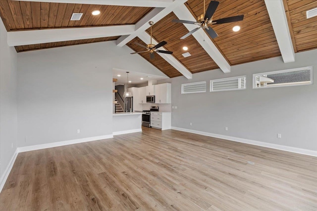 unfurnished living room with baseboards, beam ceiling, and light wood-style flooring