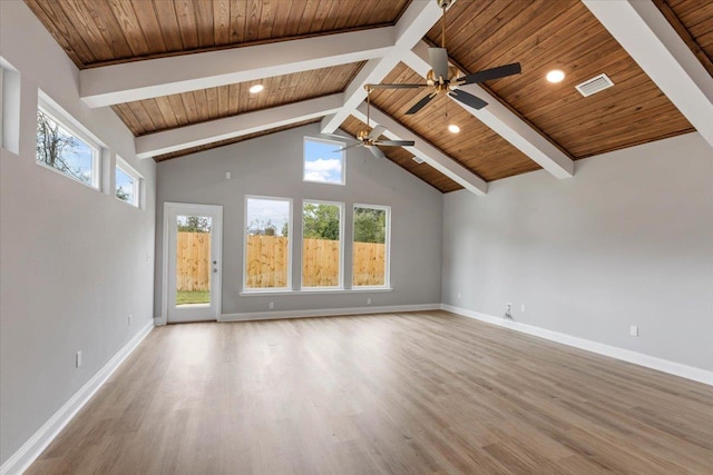 unfurnished living room featuring baseboards, beam ceiling, and wooden ceiling