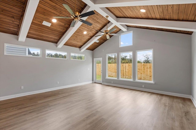 empty room with beam ceiling, light wood-style floors, baseboards, and wooden ceiling