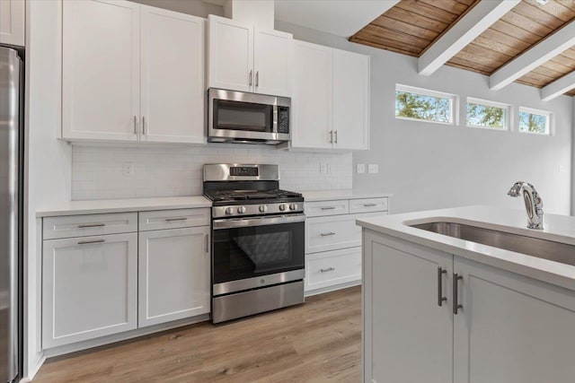 kitchen with light wood-type flooring, backsplash, stainless steel appliances, white cabinets, and light countertops