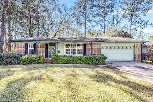 ranch-style home featuring a garage, driveway, a front lawn, and brick siding