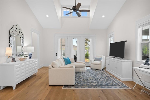 190 Camellia Oaks Ave Unit 96, Tallahassee, FL 32317 - living area featuring ceiling fan, light wood finished floors, high vaulted ceiling, and recessed lighting