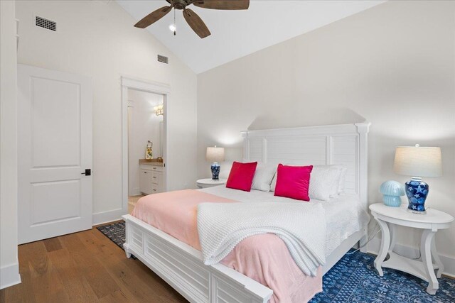 190 Camellia Oaks Ave Unit 96, Tallahassee, FL 32317 - bedroom with wood finished floors, high vaulted ceiling, connected bathroom, and a ceiling fan