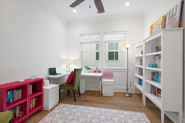 190 Camellia Oaks Ave Unit 96, Tallahassee, FL 32317 - office area featuring crown molding, a ceiling fan, wood finished floors, and recessed lighting