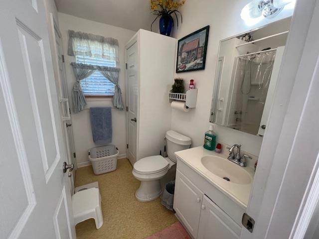 bathroom featuring vanity, toilet, and a shower with shower curtain