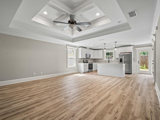 unfurnished living room featuring crown molding, coffered ceiling, ceiling fan, and light hardwood / wood-style floors