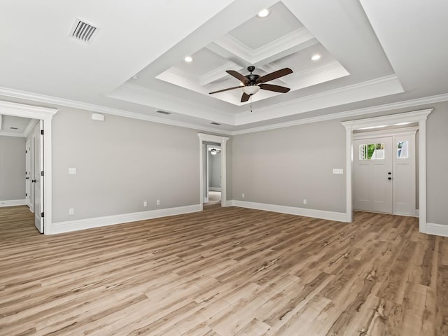 unfurnished living room with coffered ceiling, crown molding, light hardwood / wood-style flooring, ceiling fan, and beam ceiling