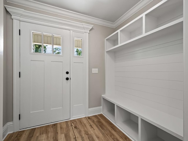 mudroom with hardwood / wood-style flooring and crown molding