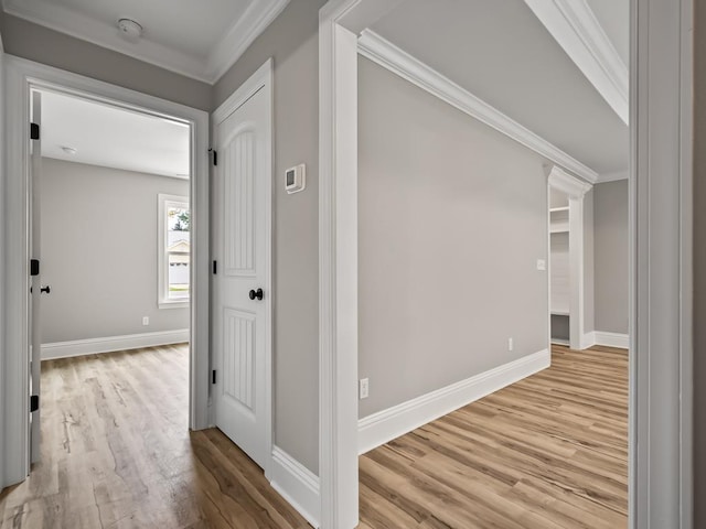 hall featuring crown molding and light hardwood / wood-style floors