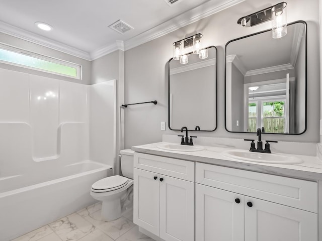 full bathroom with shower / tub combination, vanity, toilet, and ornamental molding