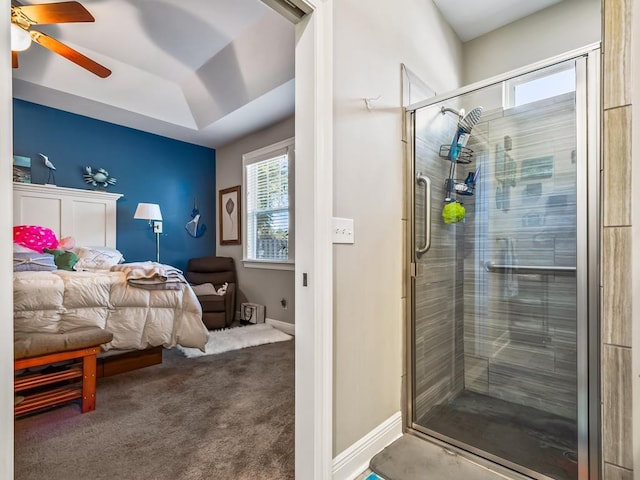 carpeted bedroom with ceiling fan