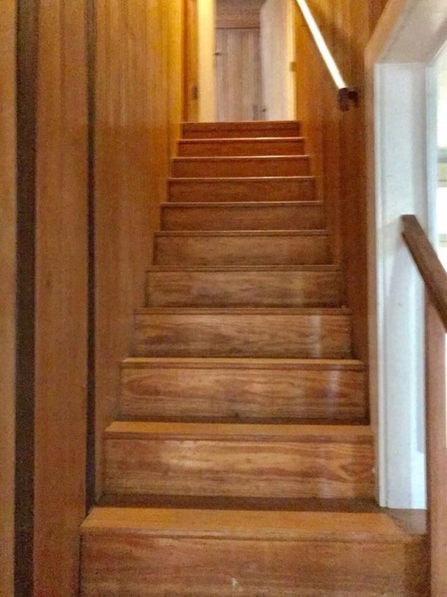 stairway with wooden walls