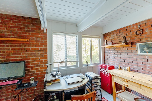 220 Belmont Rd Unit 3, Tallahassee, FL 32301 - home office featuring brick wall and a wooden ceiling with exposed beams