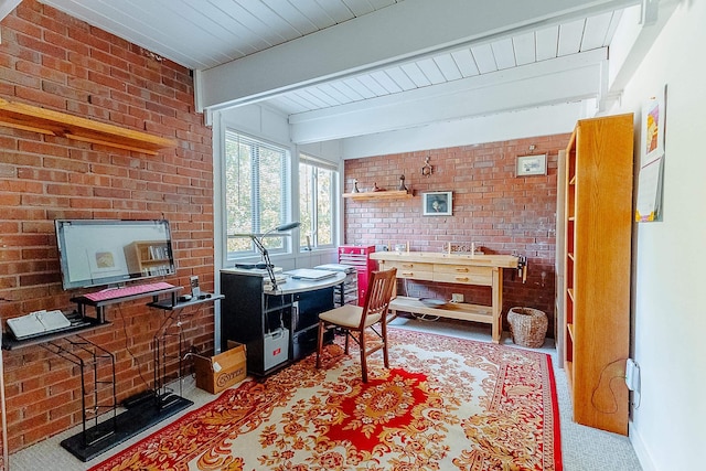 220 Belmont Rd Unit 3, Tallahassee, FL 32301 - carpeted home office featuring brick wall and a wood ceiling with exposed beams