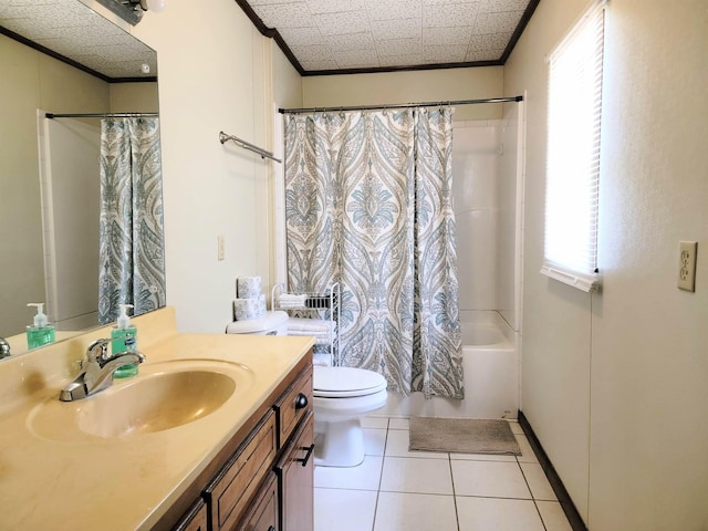 full bathroom with ornamental molding, shower / tub combo, vanity, and tile patterned floors