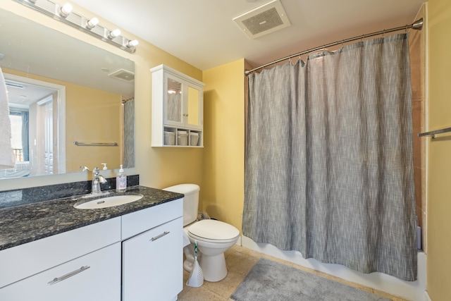 full bath with toilet, tile patterned flooring, visible vents, and vanity