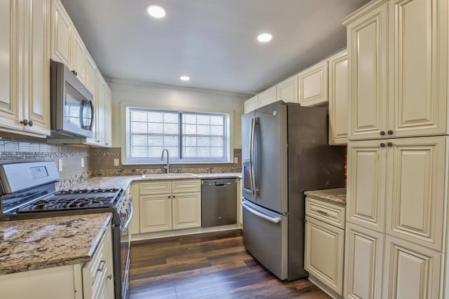 kitchen with dark wood-type flooring, light stone countertops, sink, and appliances with stainless steel finishes