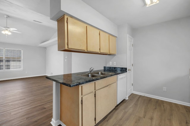 kitchen featuring sink, kitchen peninsula, light wood-type flooring, and dishwasher