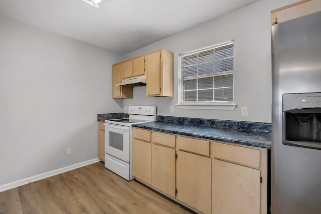 kitchen featuring light brown cabinetry, stainless steel refrigerator with ice dispenser, white electric range oven, and light hardwood / wood-style flooring