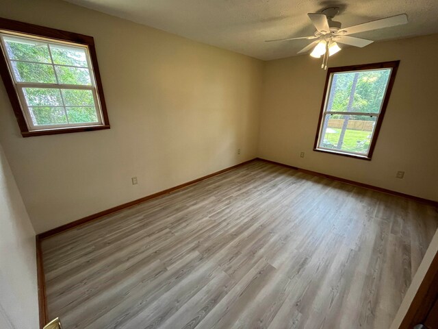 spare room with a wealth of natural light, ceiling fan, and light hardwood / wood-style flooring