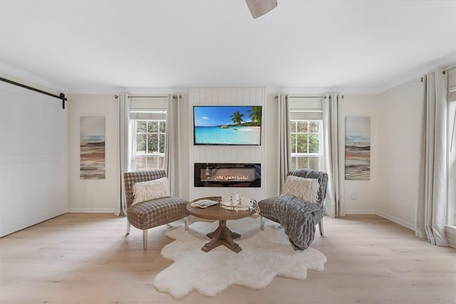 sitting room featuring plenty of natural light, a barn door, and light hardwood / wood-style floors