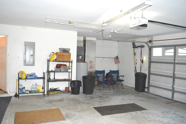 garage featuring electric panel, gas water heater, and a garage door opener