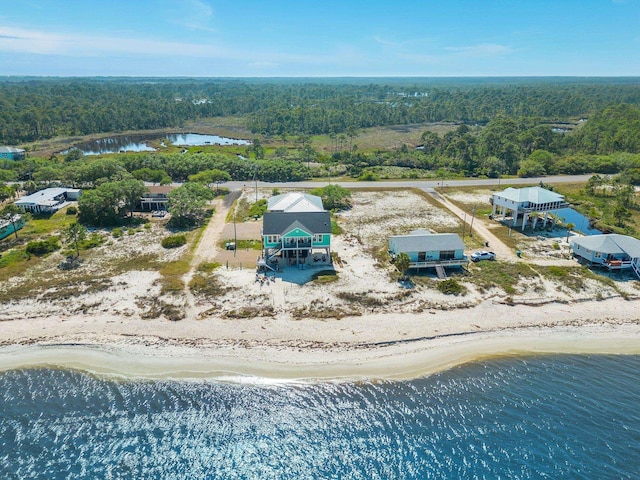 bird's eye view with a water view and a view of the beach