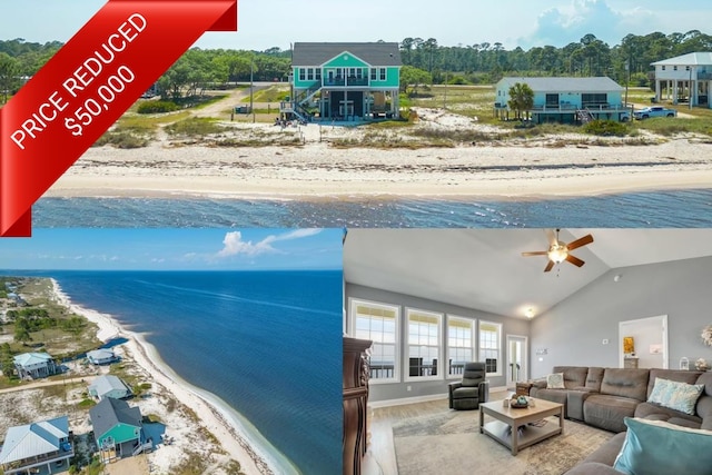 13 Cobia St, Alligator Point, FL 32346 - exterior space with view of water and beach, ceiling fan, wood finished floors, and vaulted ceiling