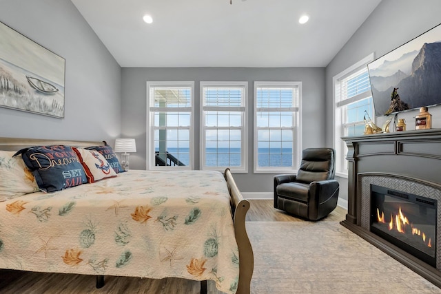 bedroom featuring light hardwood / wood-style floors, lofted ceiling, and multiple windows