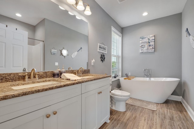 bathroom featuring toilet, a washtub, vanity, and hardwood / wood-style flooring