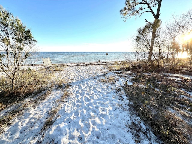 property view of water featuring a beach view