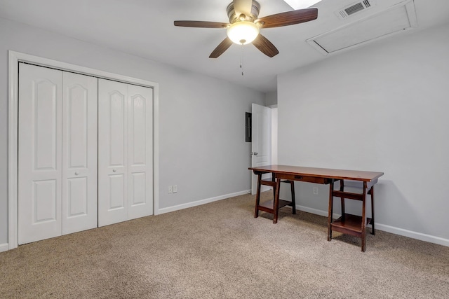 1541 San Luis Rd, Tallahassee, FL 32304 - office with baseboards, ceiling fan, visible vents, and light colored carpet