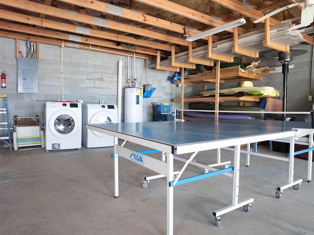 unfinished below grade area with electric panel, electric water heater, concrete block wall, and washer and clothes dryer