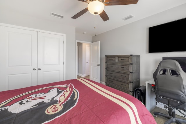 bedroom with a closet and ceiling fan