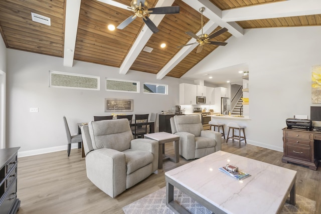 living room with wood ceiling, high vaulted ceiling, beamed ceiling, and light wood-type flooring