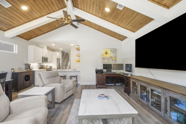 living room featuring beamed ceiling, hardwood / wood-style floors, and wood ceiling