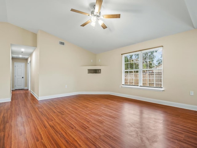 unfurnished living room with hardwood / wood-style floors, ceiling fan, and lofted ceiling