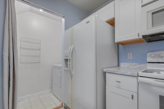 787 E Timberwood Cir, Tallahassee, FL 32304 - kitchen with white appliances, washer / clothes dryer, white cabinetry, light countertops, and baseboards