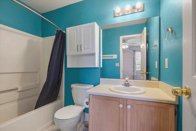 787 E Timberwood Cir, Tallahassee, FL 32304 - full bathroom featuring shower / bathtub combination with curtain, vanity, toilet, and ceiling fan