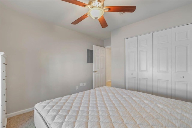 787 E Timberwood Cir, Tallahassee, FL 32304 - bedroom featuring electric panel, a closet, carpet, baseboards, and a ceiling fan