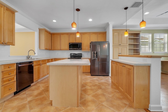 3248 Newberry Blvd, Tallahassee, FL 32311 - kitchen with stainless steel appliances, a kitchen island, a sink, decorative backsplash, and ornamental molding