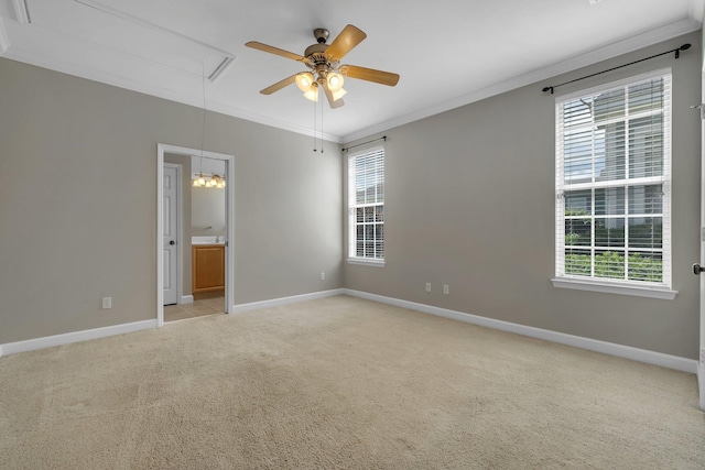 3248 Newberry Blvd, Tallahassee, FL 32311 - unfurnished room featuring attic access, ceiling fan, light carpet, crown molding, and baseboards
