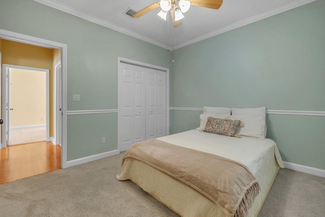 3248 Newberry Blvd, Tallahassee, FL 32311 - bedroom with carpet floors, baseboards, ornamental molding, a closet, and a ceiling fan